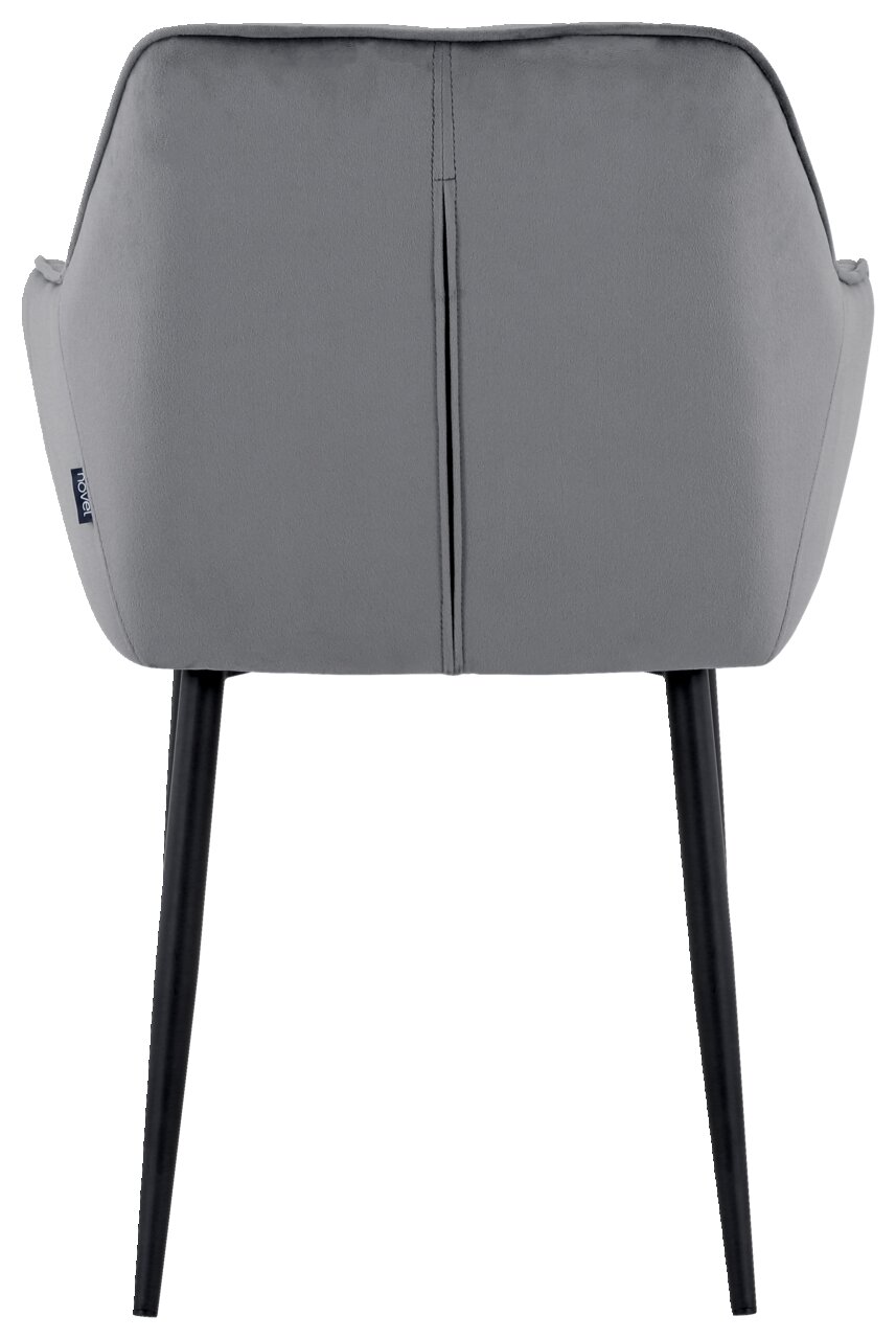 Rückansicht eines grauen Armlehnstuhls mit schwarzen Beinen