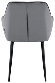 Rückansicht eines grauen Armlehnstuhls mit schwarzen Beinen