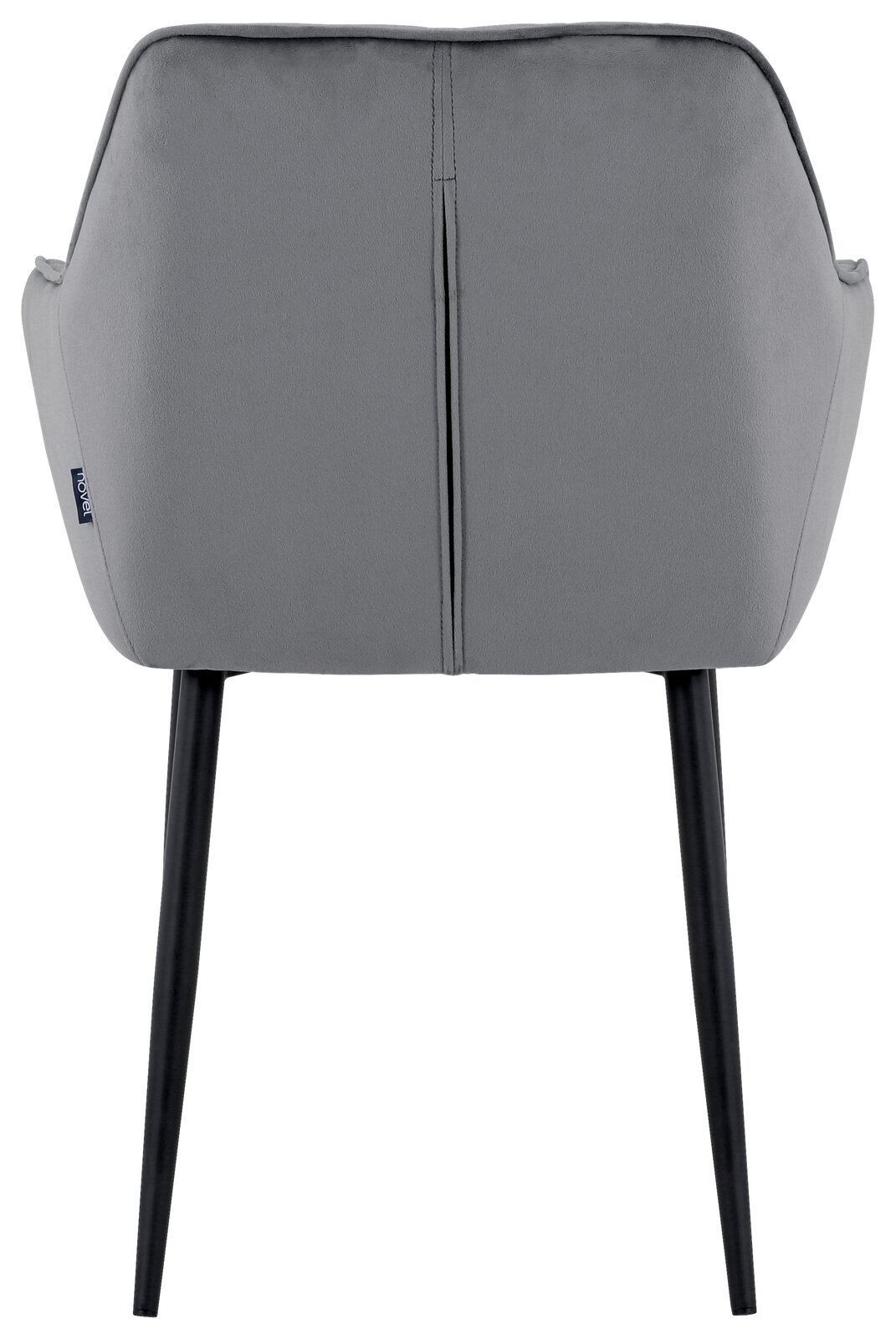 Rückansicht eines grauen Armlehnstuhls mit schwarzen Beinen