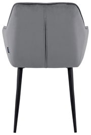 Rückansicht eines grauen Armlehnstuhls mit schwarzen Beinen