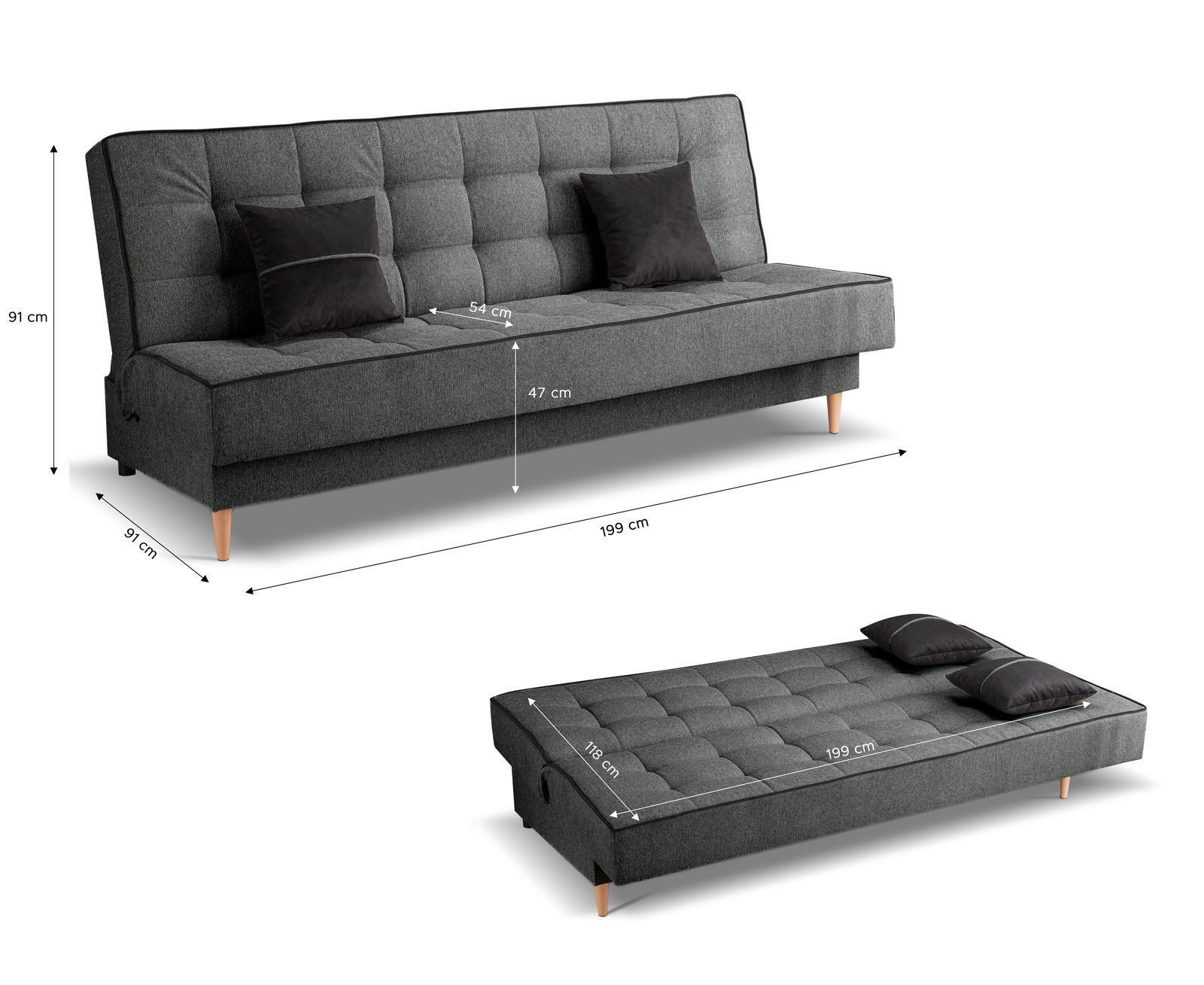 Graues Schlafsofa, 3-Sitzer, mit zwei schwarzen Kissen, in Sitz- und Liegeposition, seitliche Perspektive