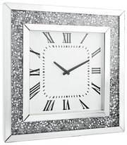 Quadratische Wanduhr mit römischen Ziffern und glitzerndem Rahmen, seitliche Perspektive