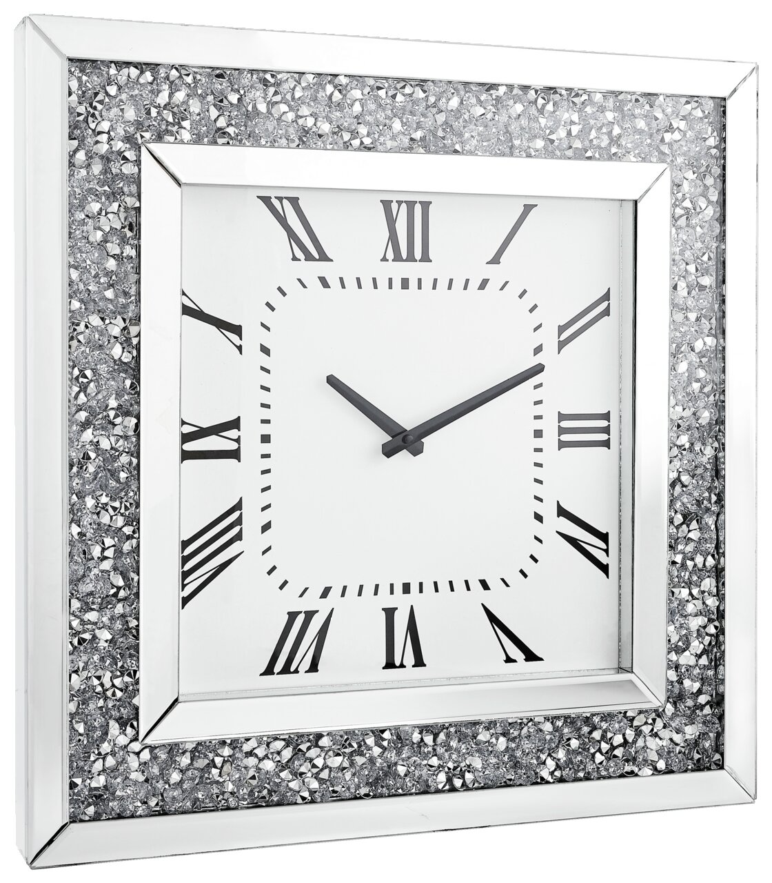 Quadratische Wanduhr mit römischen Ziffern und glitzerndem Rahmen, seitliche Perspektive