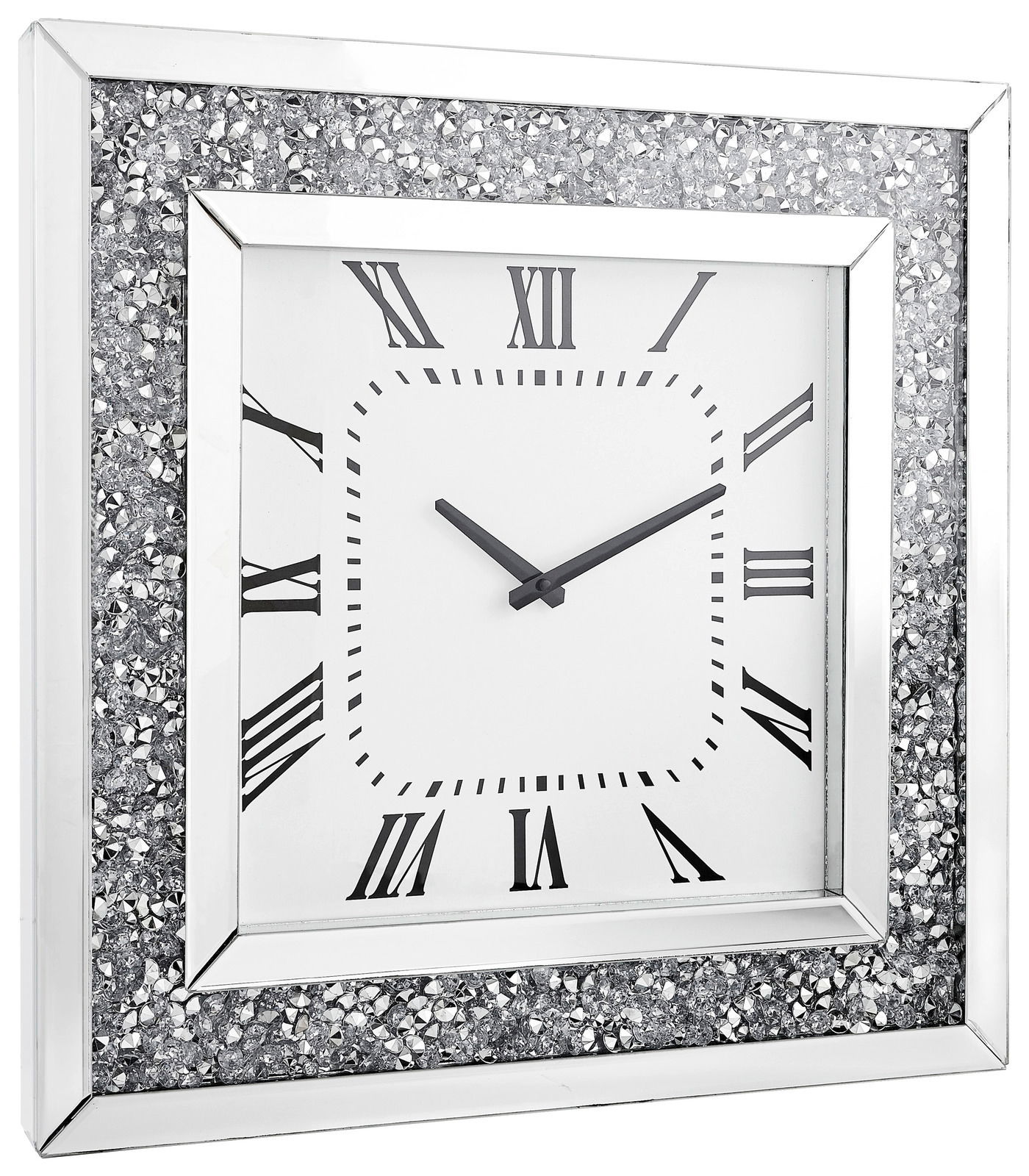 Quadratische Wanduhr mit römischen Ziffern und glitzerndem Rahmen, seitliche Perspektive