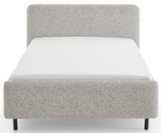 Frontale Ansicht eines Polsterbetts in Grau mit schlichtem Design und schwarzem Fußgestell.
