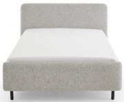 Frontale Ansicht eines Polsterbetts in Grau mit schlichtem Design und schwarzem Fußgestell.