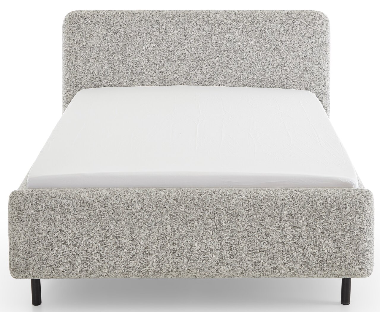Frontale Ansicht eines Polsterbetts in Grau mit schlichtem Design und schwarzem Fußgestell.