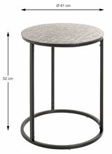 Runder Beistelltisch mit einem Durchmesser von 41 cm und einer Höhe von 52 cm, aus der Seitenperspektive fotografiert.