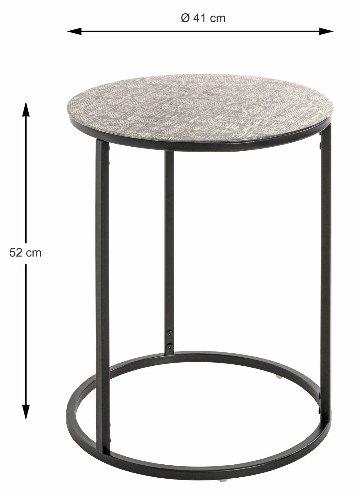 Runder Beistelltisch mit einem Durchmesser von 41 cm und einer Höhe von 52 cm, aus der Seitenperspektive fotografiert.