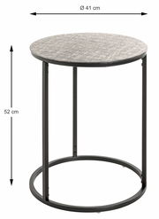 Runder Beistelltisch mit einem Durchmesser von 41 cm und einer Höhe von 52 cm, aus der Seitenperspektive fotografiert.
