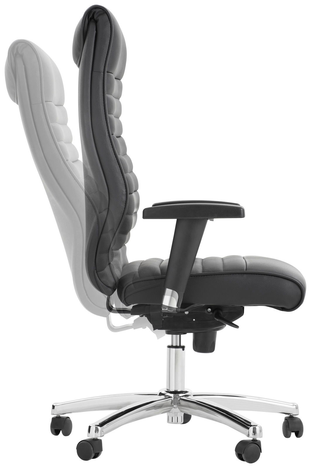 Seitliche Ansicht eines verstellbaren Chefsessels mit gepolsterter Rückenlehne und Armlehnen, auf einem stabilen Drehfuß mit Rollen.