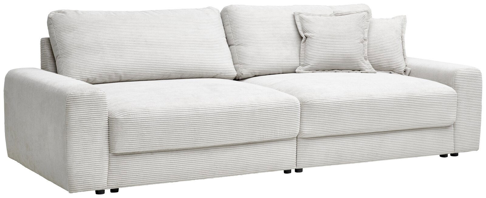 Z2 Big-Sofa Napoli Großes, hellgraues Sofa mit geripptem Stoffbezug, zwei großen Sitzkissen und mehreren Rückenkissen, seitliche Perspektive