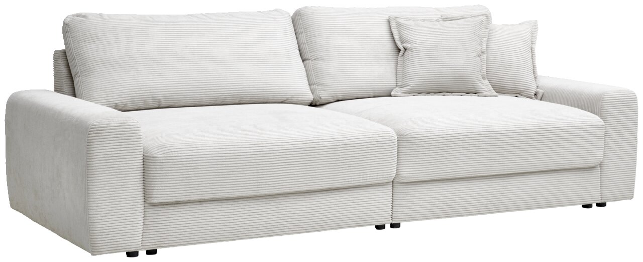 Großes, hellgraues Sofa mit geripptem Stoffbezug, zwei großen Sitzkissen und mehreren Rückenkissen, seitliche Perspektive