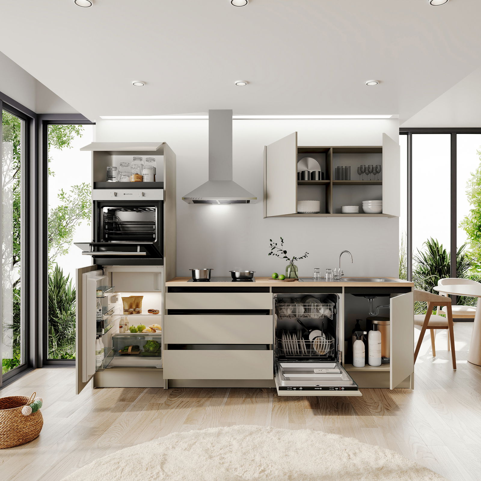 Moderne Küchenzeile mit offenen Schränken, eingebautem Ofen, Kühlschrank und Geschirrspüler, aus der Frontperspektive betrachtet.