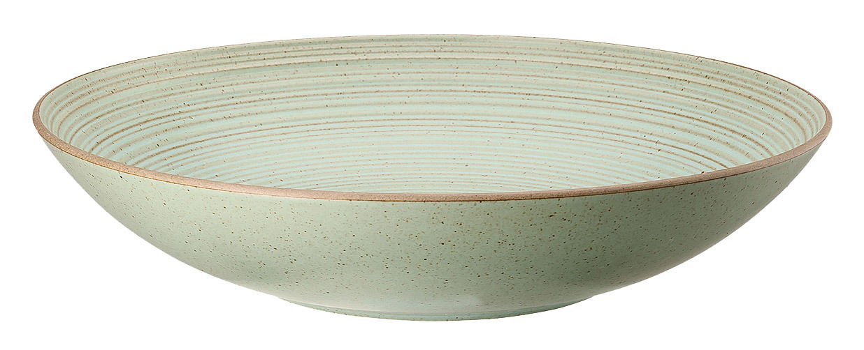Tiefer Teller mit einem Durchmesser von 28 cm in einer seitlichen Perspektive, mit einem dezenten, grünlichen Farbton und feiner Linienstruktur.
