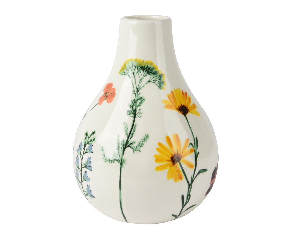 Weiße Vase mit buntem Blumenmuster, seitliche Perspektive