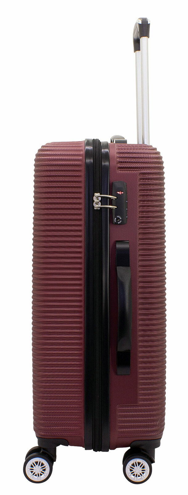 Burgunderfarbener Trolley, 60 cm, Seitenansicht mit Teleskopgriff und vier Rollen
