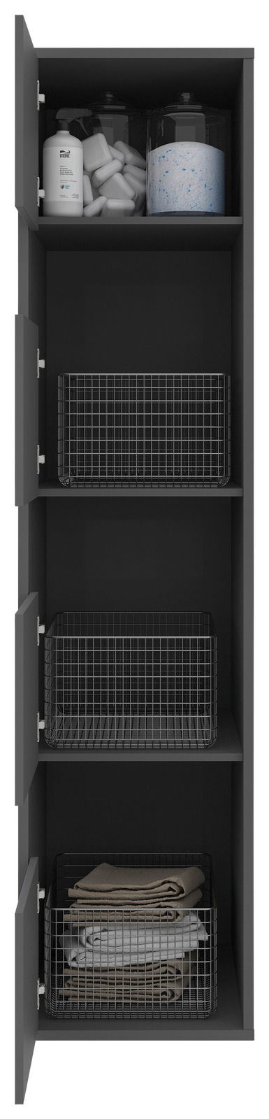 Schwarzer Wäscheschrank mit vier Fächern, gefüllt mit Drahtkörben und Pflegeprodukten, Frontalansicht