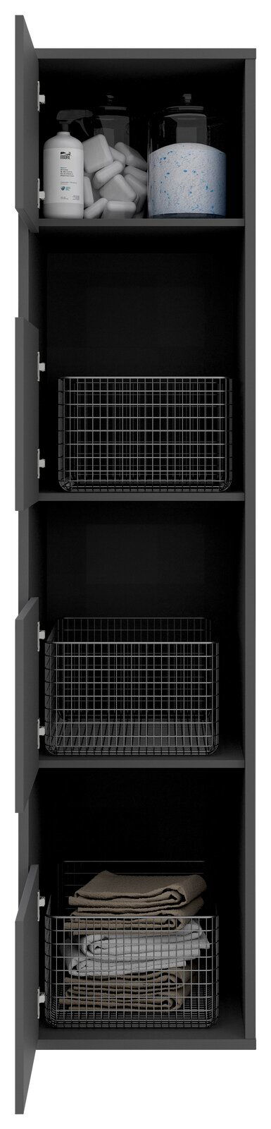 Schwarzer Wäscheschrank mit vier Fächern, gefüllt mit Drahtkörben und Pflegeprodukten, Frontalansicht