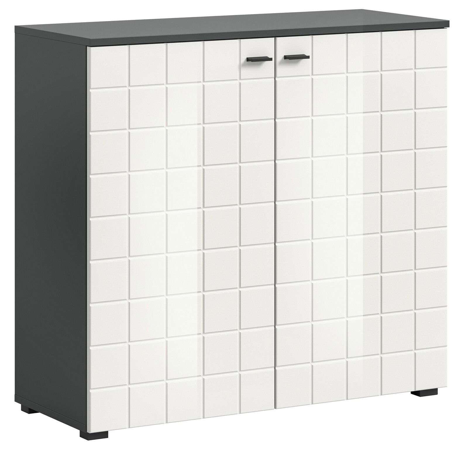 Moderne Kommode mit weißer, quadratischer Musterfront und dunkler Oberseite, seitliche Perspektive