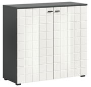 Moderne Kommode mit weißer, quadratischer Musterfront und dunkler Oberseite, seitliche Perspektive