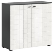 Moderne Kommode mit weißer, quadratischer Musterfront und dunkler Oberseite, seitliche Perspektive