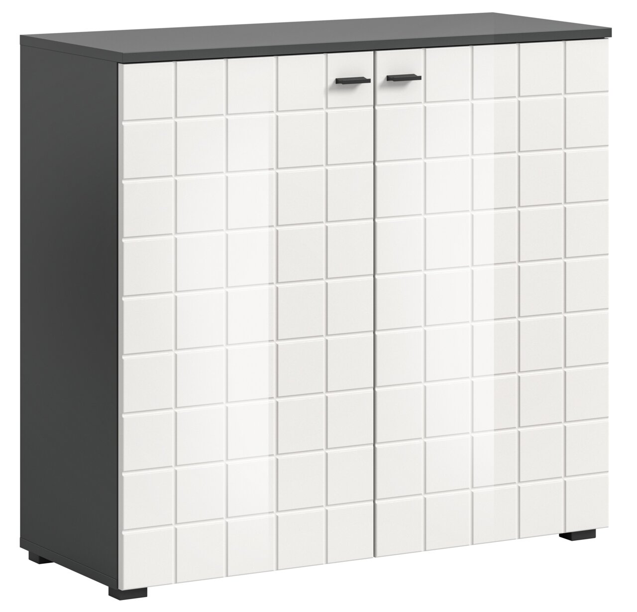 Moderne Kommode mit weißer, quadratischer Musterfront und dunkler Oberseite, seitliche Perspektive