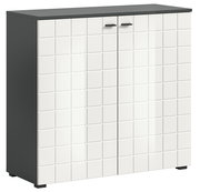 Moderne Kommode mit weißer, quadratischer Musterfront und dunkler Oberseite, seitliche Perspektive