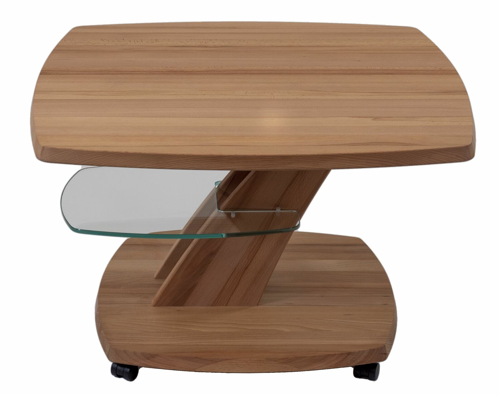 Moderner Couchtisch aus Holz mit Glasablage, seitliche Perspektive