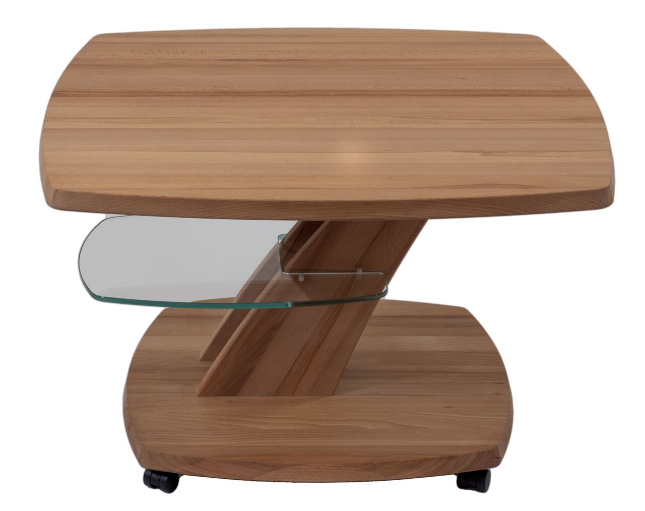 Moderner Couchtisch aus Holz mit Glasablage, seitliche Perspektive