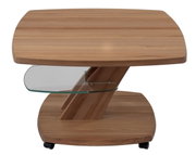 Moderner Couchtisch aus Holz mit Glasablage, seitliche Perspektive