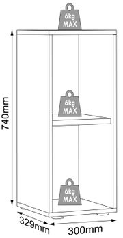 Schmales Regal mit zwei Ablageflächen, Maßzeichnung in schräger Vorderansicht; Höhe 740 mm, Breite 300 mm, Tiefe 329 mm, je Boden bis 6 kg belastbar.