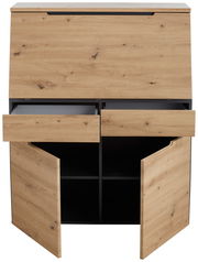 Sekretär aus Holz mit geöffneter Frontansicht, zwei Schubladen und zwei Türen, die Stauraum bieten.