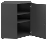 Eckkommode in dunklem Design mit geöffneter Tür, zwei Einlegeböden und seitlicher Perspektive