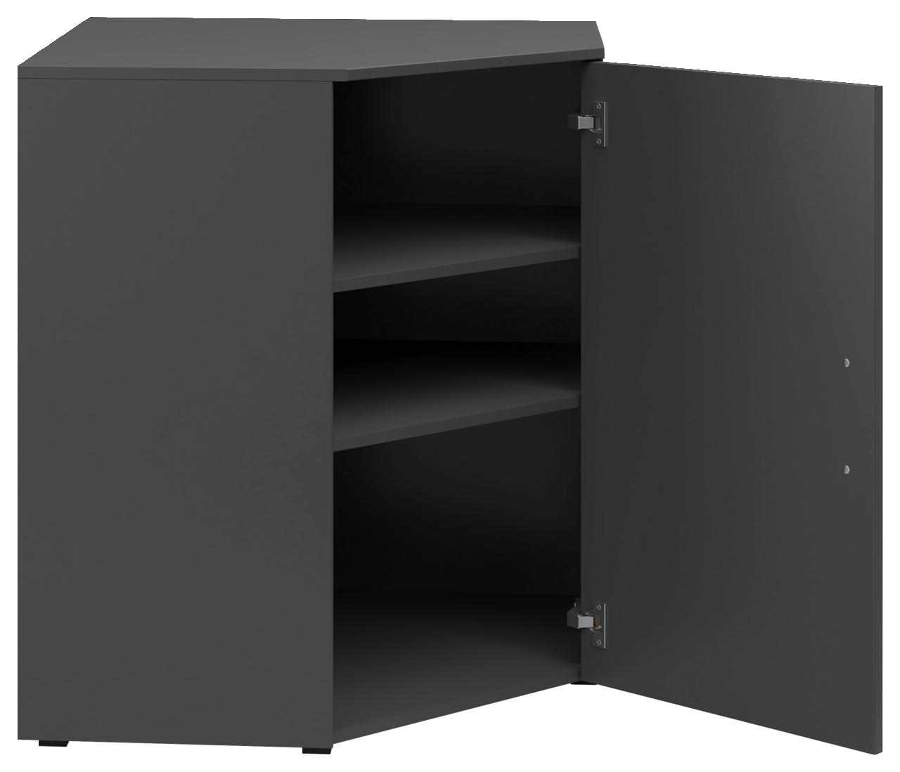 Eckkommode in dunklem Design mit geöffneter Tür, zwei Einlegeböden und seitlicher Perspektive