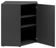 Eckkommode in dunklem Design mit geöffneter Tür, zwei Einlegeböden und seitlicher Perspektive