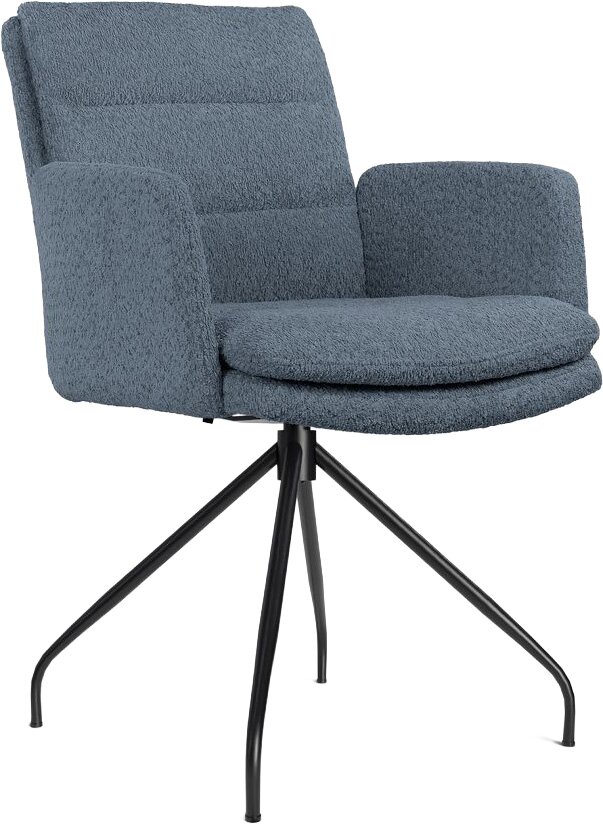 Blauwgrijze teddy-stoffen fauteuil met armleuningen en zwart metalen 4-poot onderstel, schuin van voren gefotografeerd op witte achtergrond