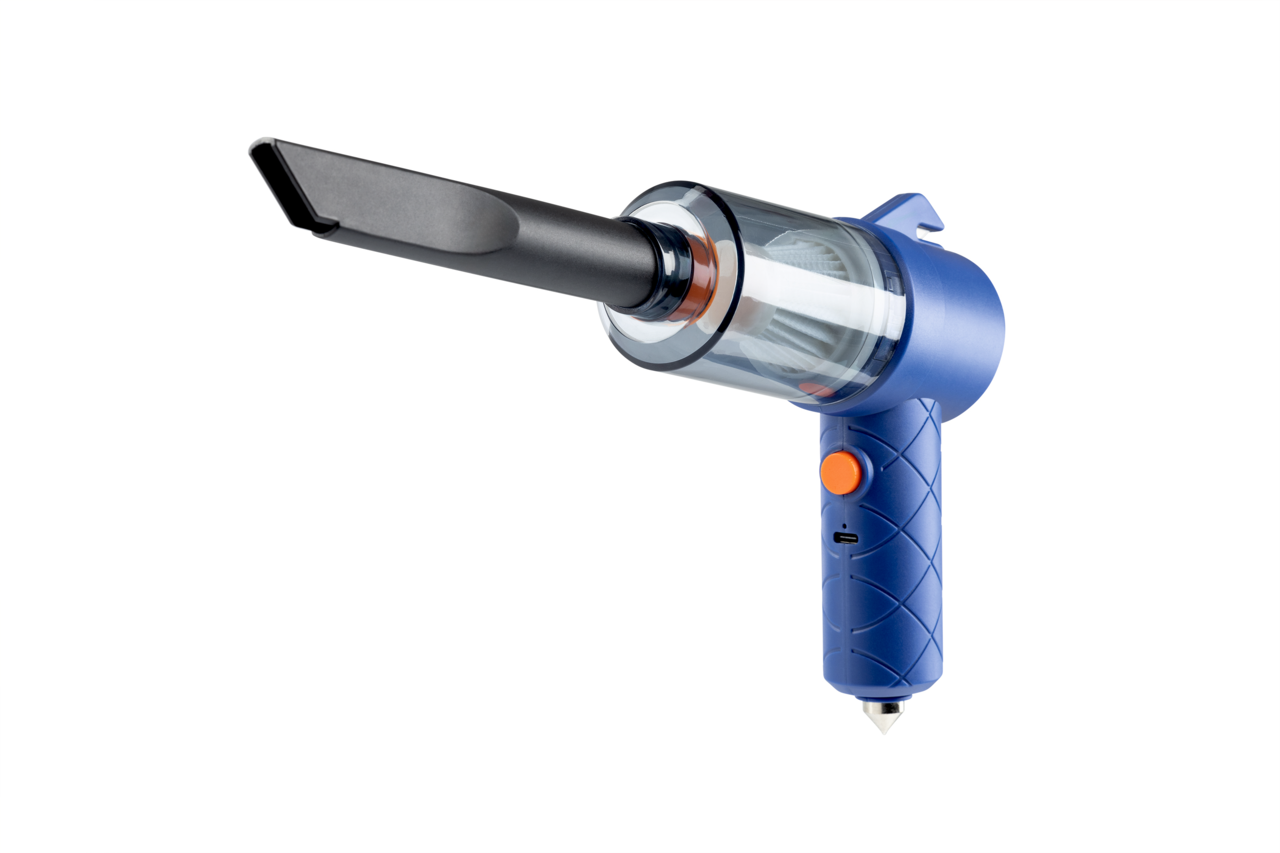 Blauer Handstaubsauger mit schmaler Düse, seitliche Perspektive