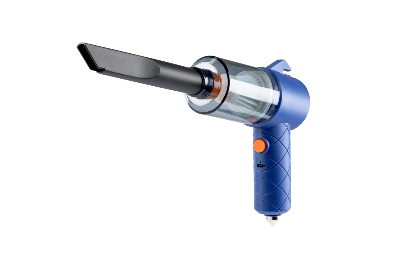 Blauer Handstaubsauger mit schmaler Düse, seitliche Perspektive