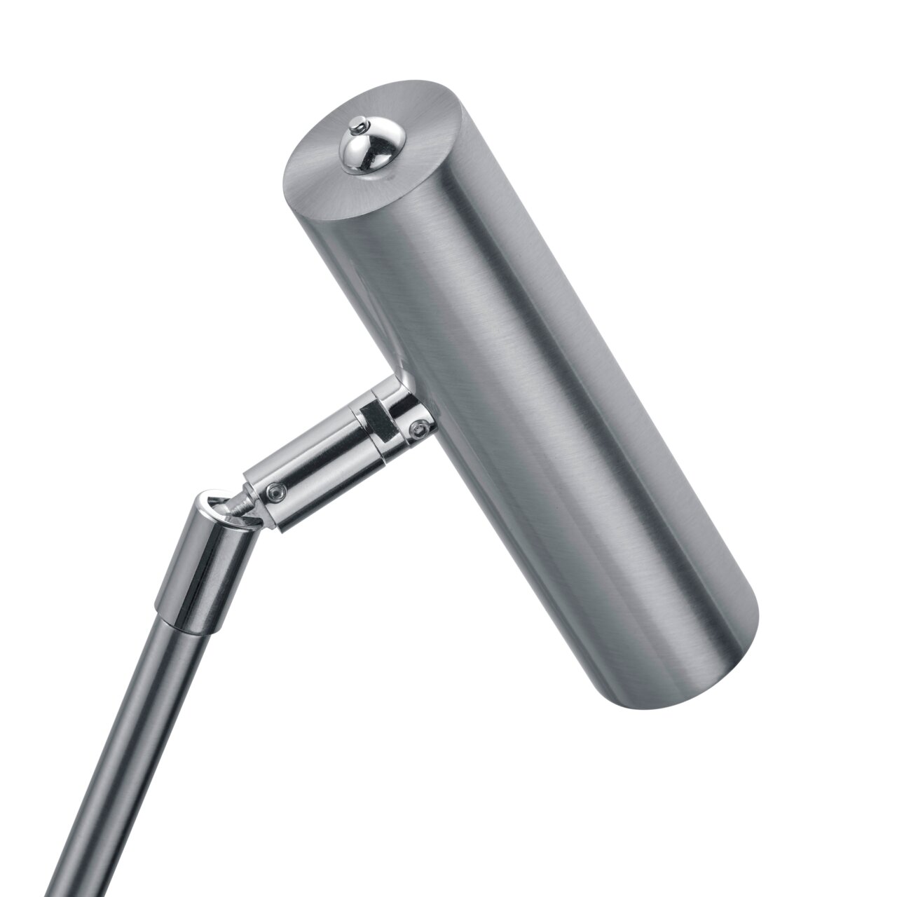 Nahaufnahme einer modernen LED-Tischleuchte aus gebürstetem Metall mit verstellbarem Arm.