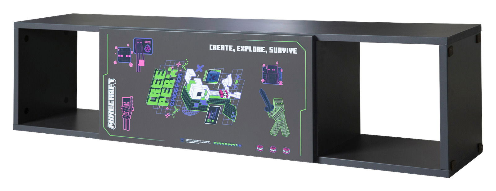 Schwarze Sitzbank oder Regal mit Minecraft-Design, Vorderansicht