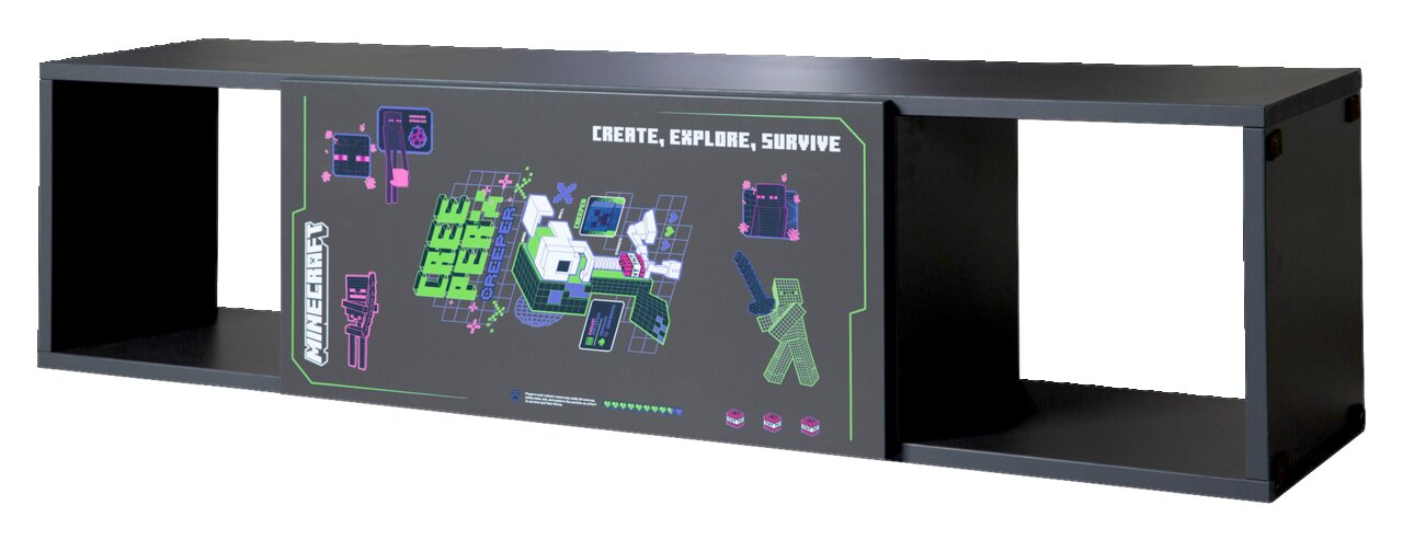 Schwarze Sitzbank oder Regal mit Minecraft-Design, Vorderansicht