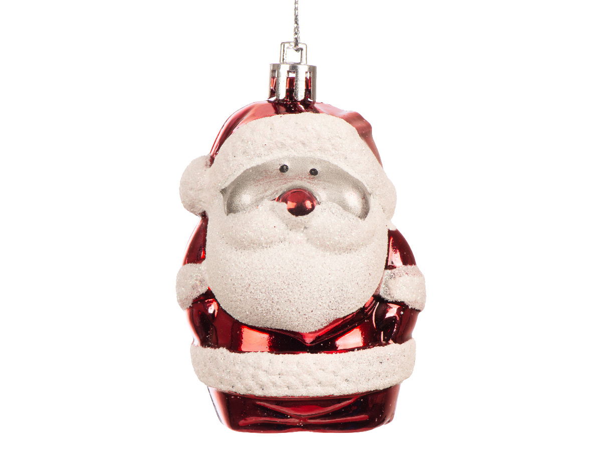 Weihnachtsbaumschmuck in Form eines lächelnden Weihnachtsmanns mit rotem Mantel und weißem Bart, aus der Vorderansicht.
