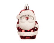 Weihnachtsbaumschmuck in Form eines lächelnden Weihnachtsmanns mit rotem Mantel und weißem Bart, aus der Vorderansicht.