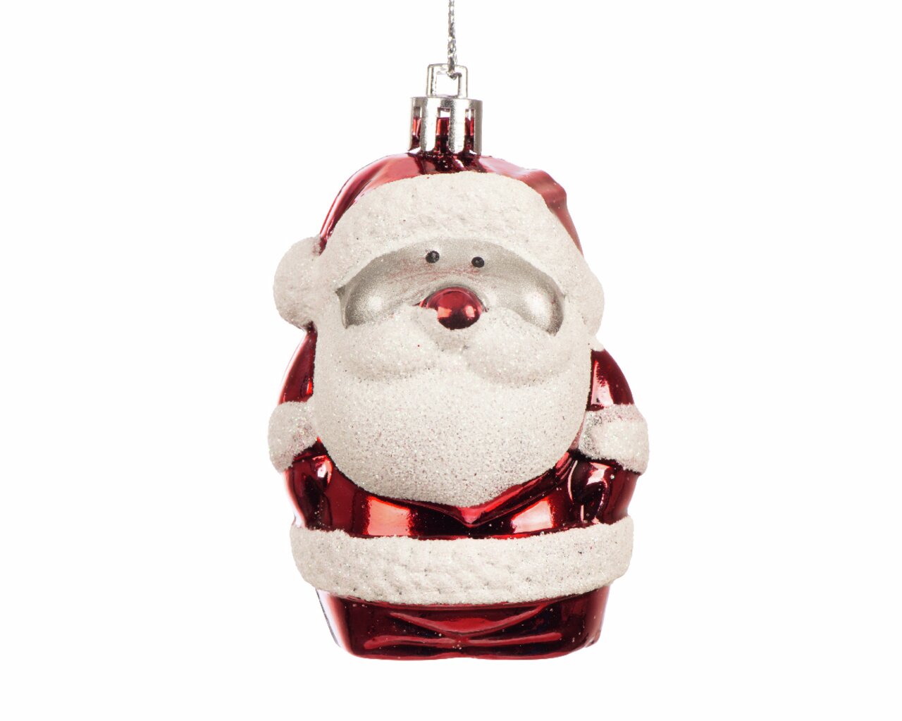 Kerstboomversiering in de vorm van een glimlachende kerstman met een rode mantel en een witte baard, gezien van voren.