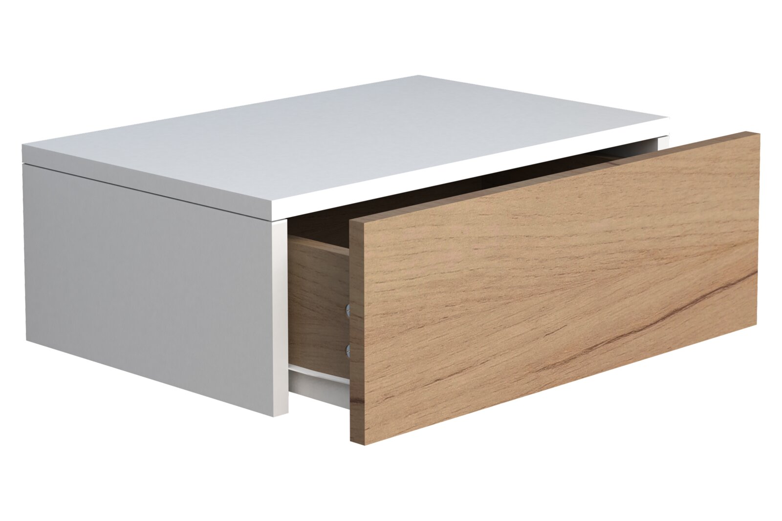 Moderner Nachttisch in Weiß mit Holzfront und halb geöffneter Schublade, Ansicht schräg von vorne oben