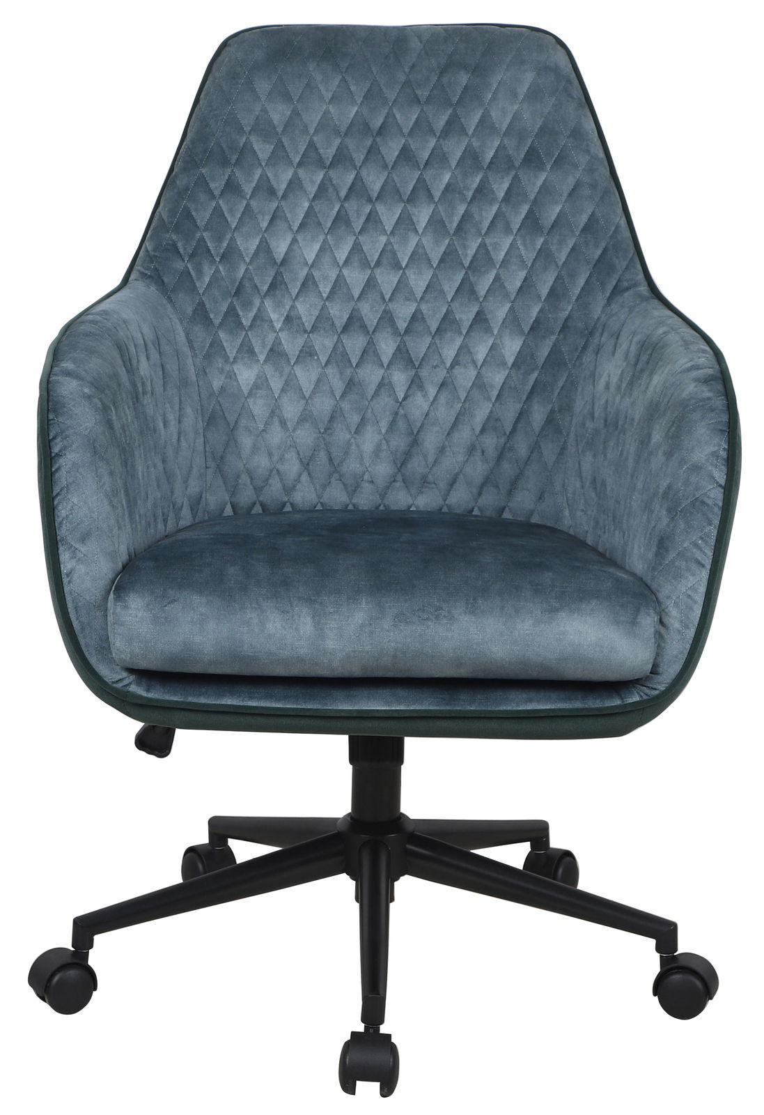 Vorderansicht eines modernen Drehstuhls mit blauer, gesteppten Polsterung und schwarzem Fußkreuz auf Rollen.