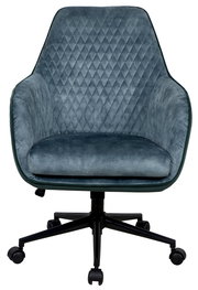 Vorderansicht eines modernen Drehstuhls mit blauer, gesteppten Polsterung und schwarzem Fußkreuz auf Rollen.