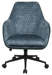 Vorderansicht eines modernen Drehstuhls mit blauer, gesteppten Polsterung und schwarzem Fußkreuz auf Rollen.