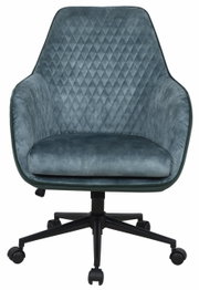 Vooraanzicht van een moderne draaistoel met blauwe, doorgestikte bekleding en een zwart voetkruis op wieltjes.